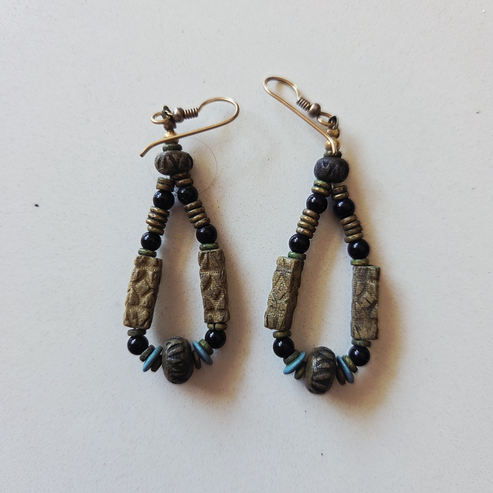 Handcrafted Green and Black Beaded Drop Earrings